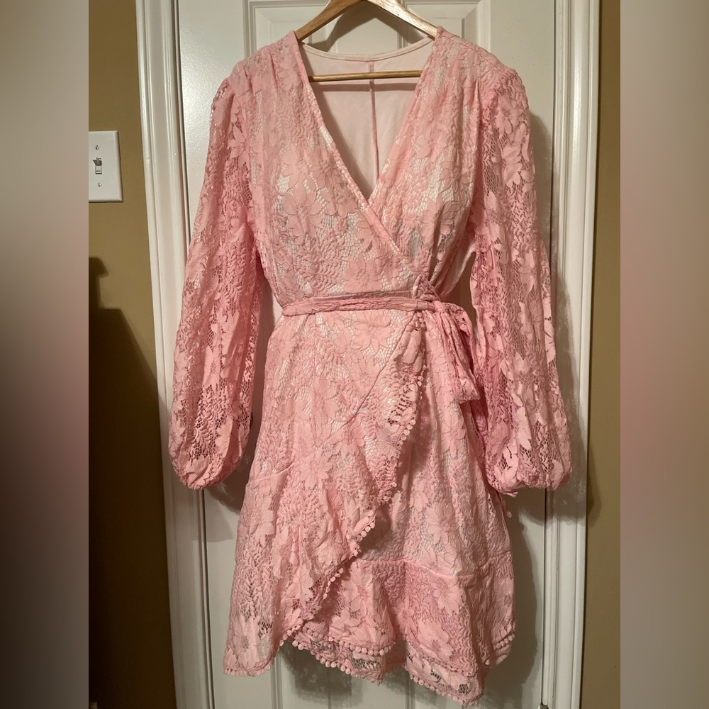 Elegant Pink Lace Wrap Dress